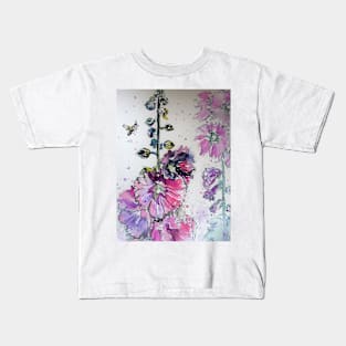 Pink Hollyhock Flowers and Bee Watercolor Kids T-Shirt